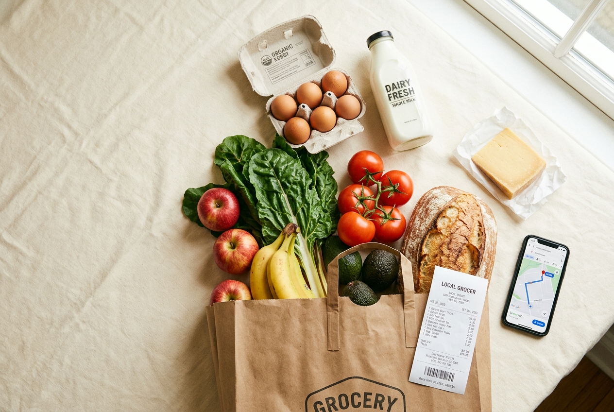 Fresh groceries and a phone showing a shopping route